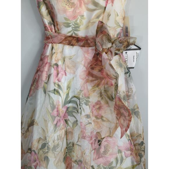 Eliza‎ J. Ivory Multi Floral Illusion Neck Belted Evening Dress Womens 6P NWT - Picture 5 of 16
